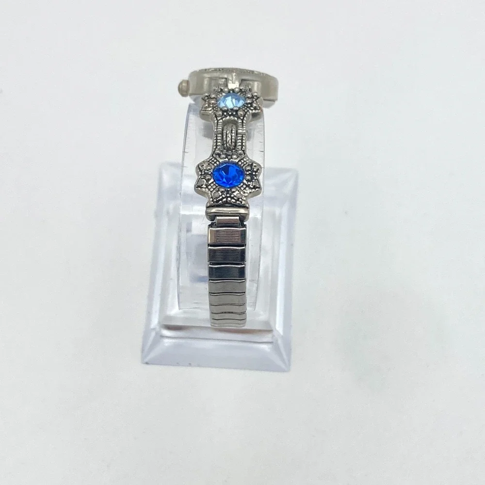 Vtg LA Express Women's Watch MISSING STONE Silver Tone Blue Crystals New Battery